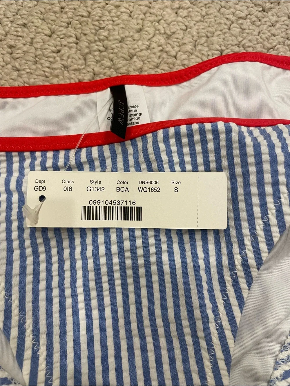 J. Crew Navy and White Seersucker Striped Bikini with Red Trim